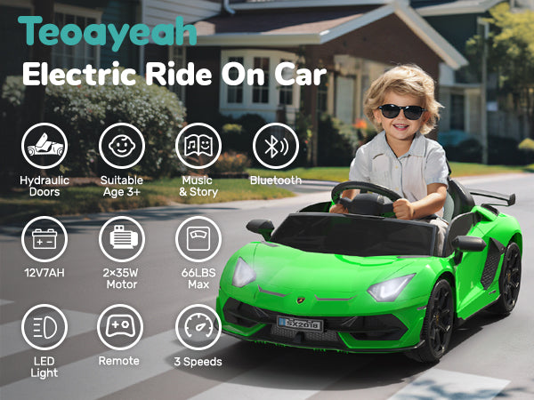 TEOAYEAH Ride On Car 12V Licensed Lamborghini SVJ Electric Vehicles, 12V7Ah Battery Powered Roadster with Parent Control, Spring Suspension, Sound System, LED Light, Hydraulic Doors, Music