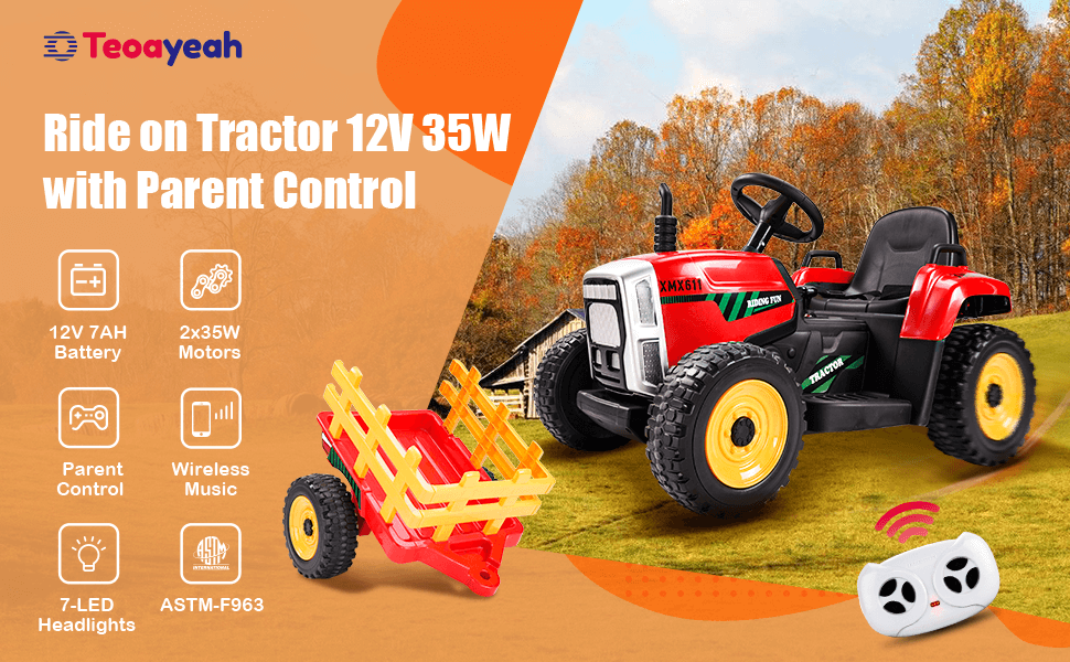 TEOAYEAH 2x35W Powerful Motors EVA Tires Ride on Tractor with Parent Control, 12V 7Ah Kids Electric Tractor Blutooth Music&USB, Detachable Trailer, Safety Belt, 7-LED Lights