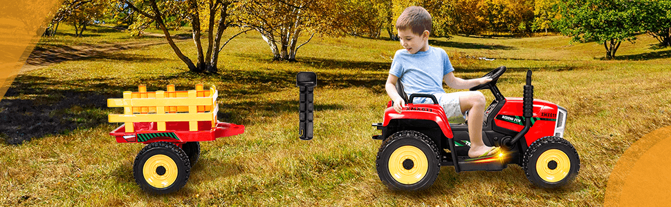 TEOAYEAH 2x35W Powerful Motors EVA Tires Ride on Tractor with Parent Control, 12V 7Ah Kids Electric Tractor Blutooth Music&USB, Detachable Trailer, Safety Belt, 7-LED Lights