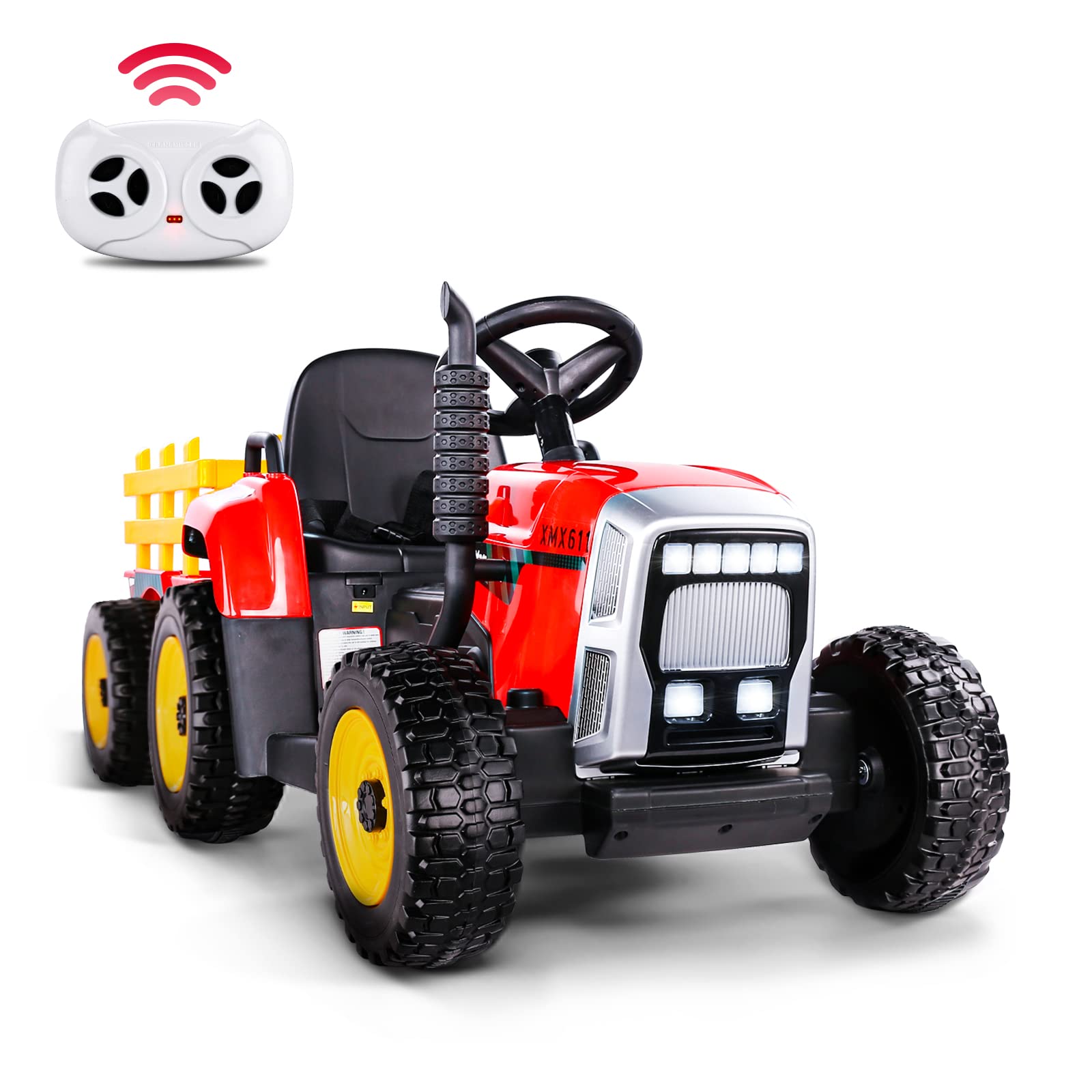 TEOAYEAH 2x35W Powerful Motors EVA Tires Ride on Tractor with Parent Control, 12V 7Ah Kids Electric Tractor Blutooth Music&USB, Detachable Trailer, Safety Belt, 7-LED Lights